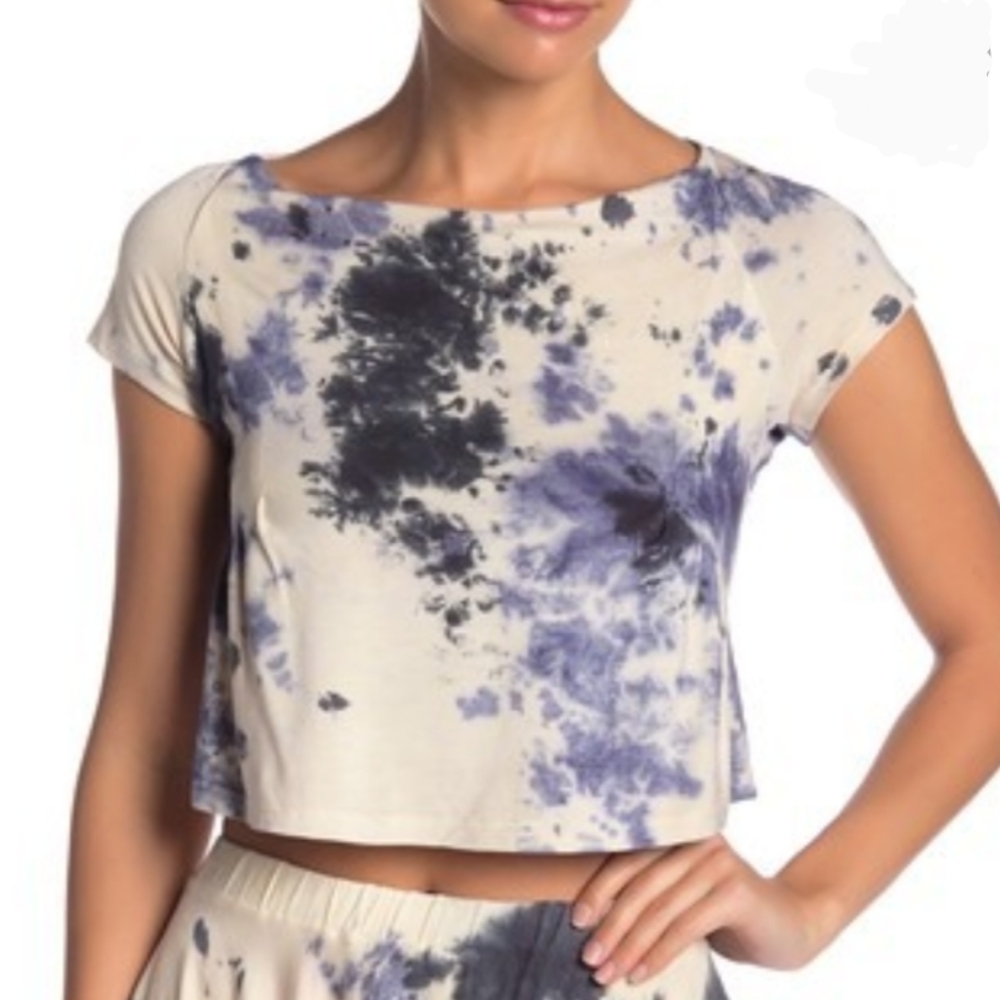 RAGA Tie Dye Top Cropped Bateau Cowl Cap Sleeve Stretch Knit White Blue M NWT - Picture 2 of 8